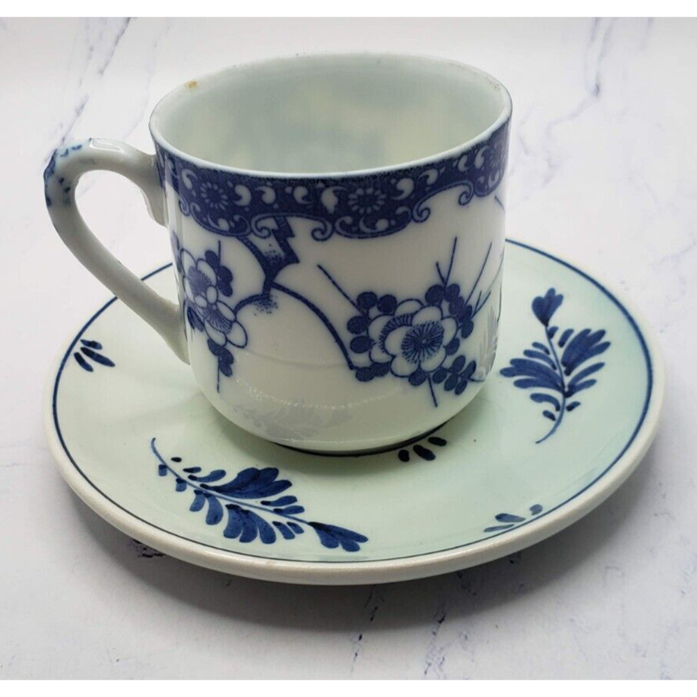 Vintage INARCO Japan Tea Cup Saucer Blue White Berries Blossoms